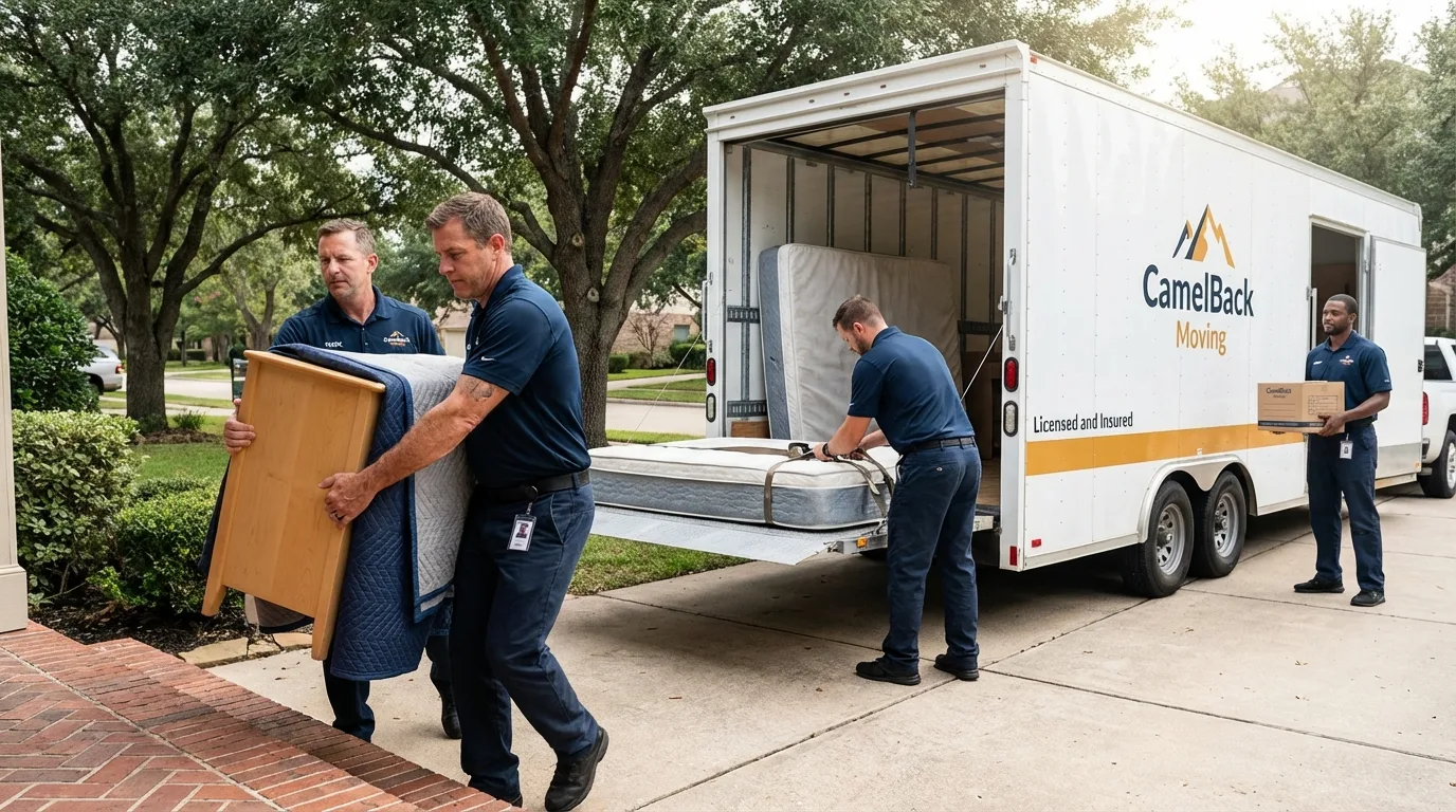 Crew loading residential truck for cross-state move from Wellman, IA
