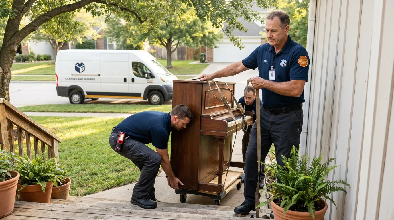 Licensed piano movers securing grand piano in Wellman, IA
