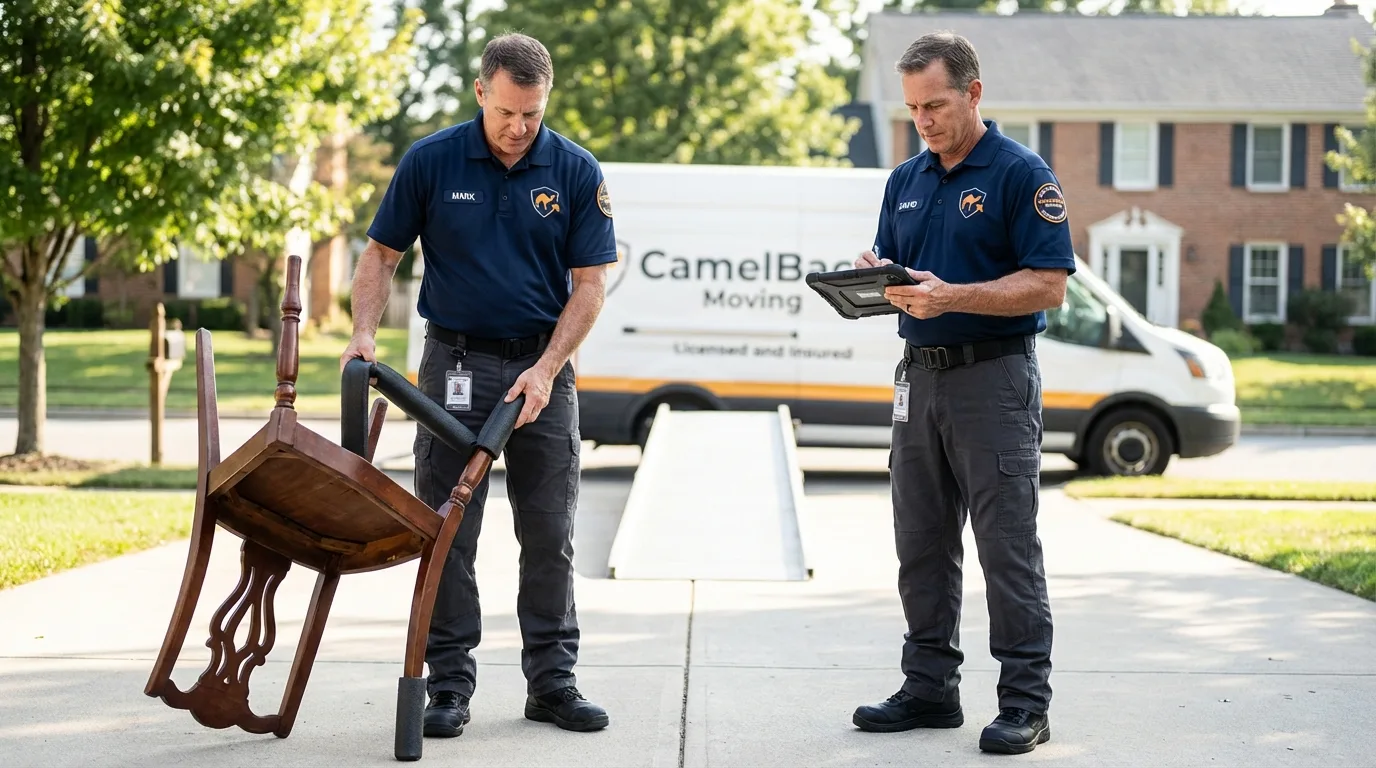 Movers inspecting furniture for damage prevention before loading in Wellman, IA