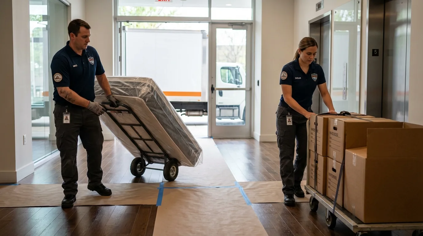 Professional apartment movers loading elevator in Wellman, IA
