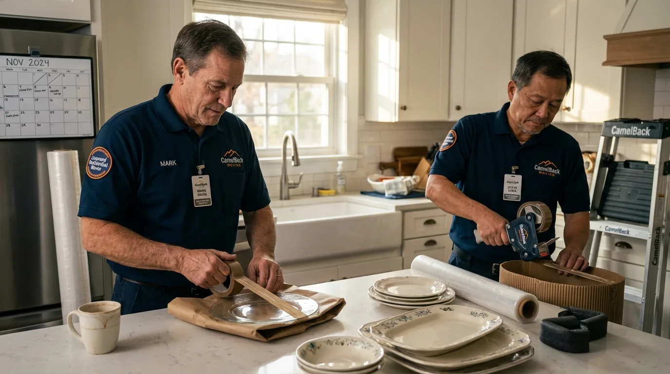 Professional crew packing kitchen dishware in Wellman, IA